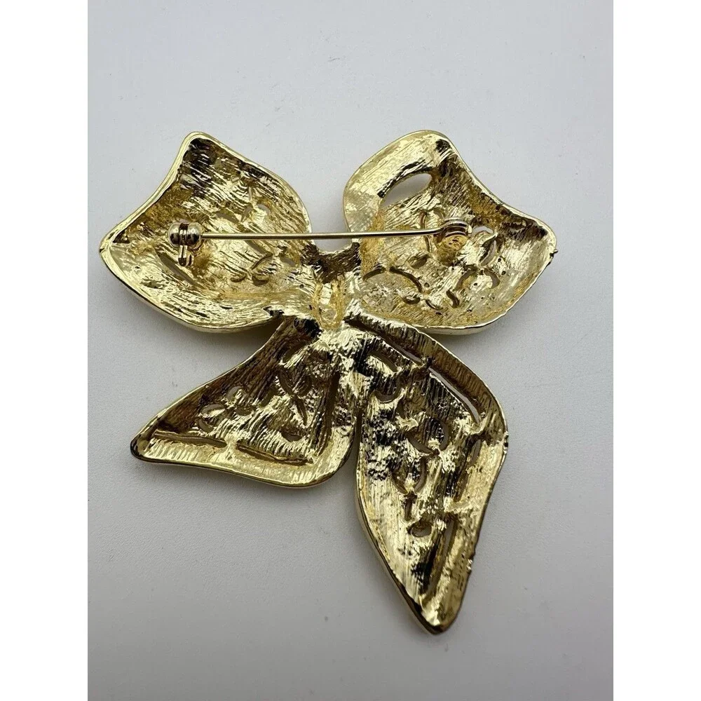 Vintage Gold Tone Rhinestone Large Bow Brooch Pin